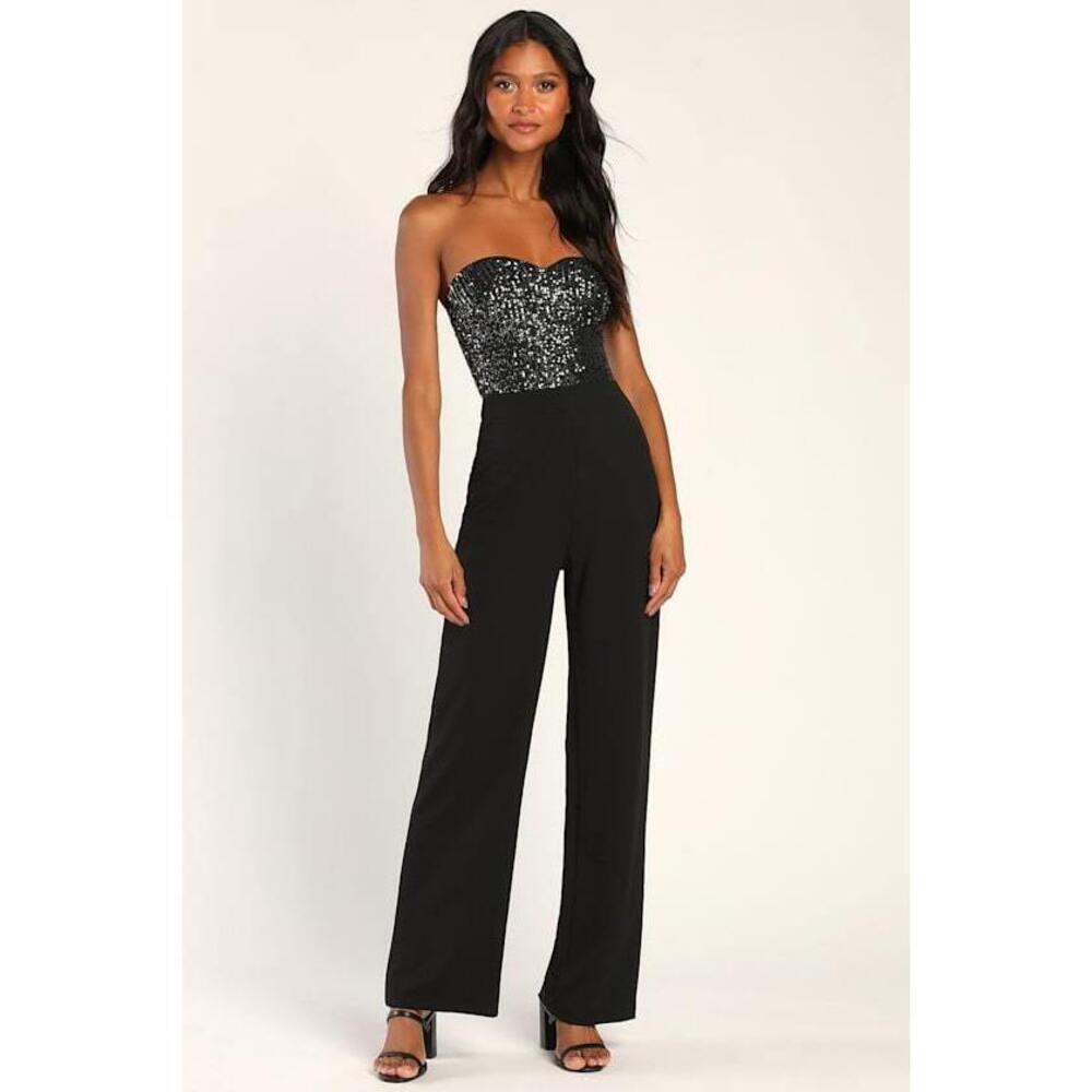 Lulus Total Hottie Black Sequin Strapless Jumpsuit - Size XL